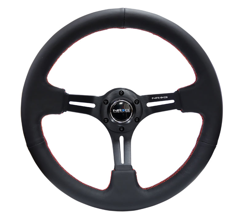 NRG 75mm Deep Dish 350MM Reinforced Black Leather Red Stitch Steering Wheel