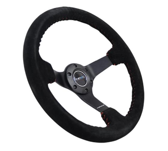 NRG 350MM Reinforced Black Leather Suede Red Stitch Steering Wheel Kit Universal