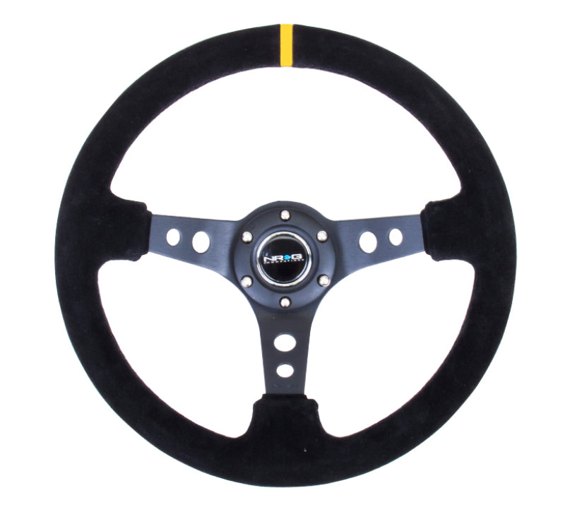 NRG Deep Dish 350MM Reinforced Black Leather Center Yellow Stripe Steering Wheel