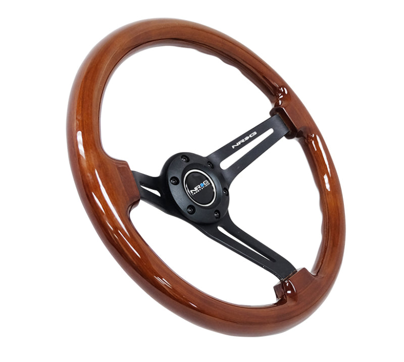 NRG 350mm Reinforced Brown Wood Black Center Deep Dish Steering Wheel Universal