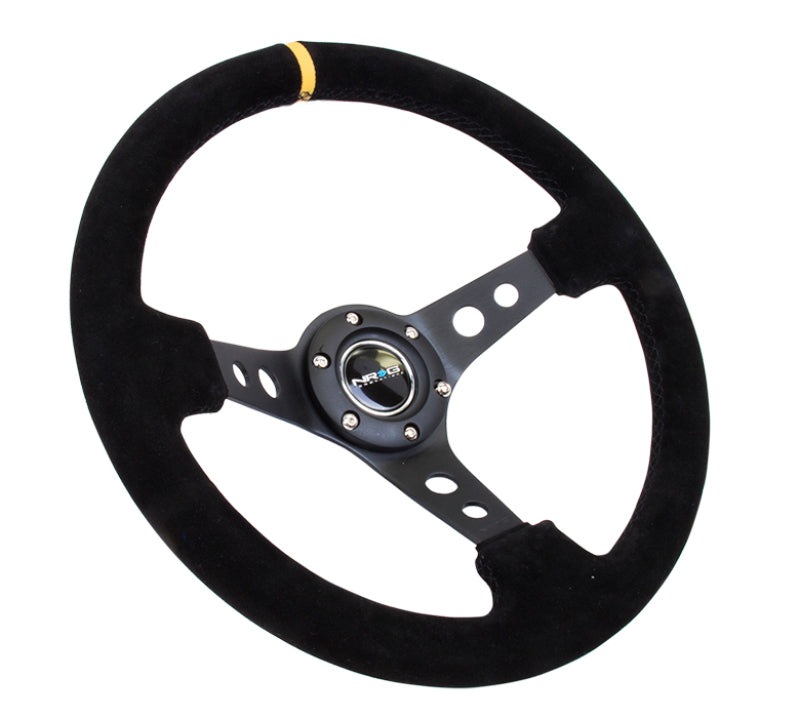 NRG Deep Dish 350MM Reinforced Black Suede Center Yellow Stripe Steering Wheel