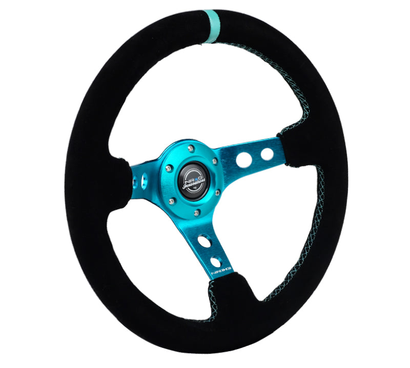 NRG 75mm Deep Dish 350MM Reinforced Black Suede Teal Center Steering Wheel