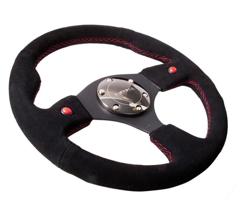 NRG 320MM Reinforced Black Suede Red Stitching Dual Button Steering Wheel Kit