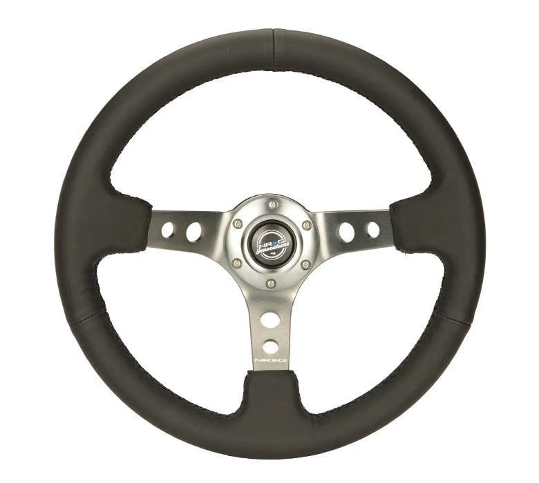NRG Deep 350MM Reinforced Black Leather GunMetal Center 3 Spoke Steering Wheel