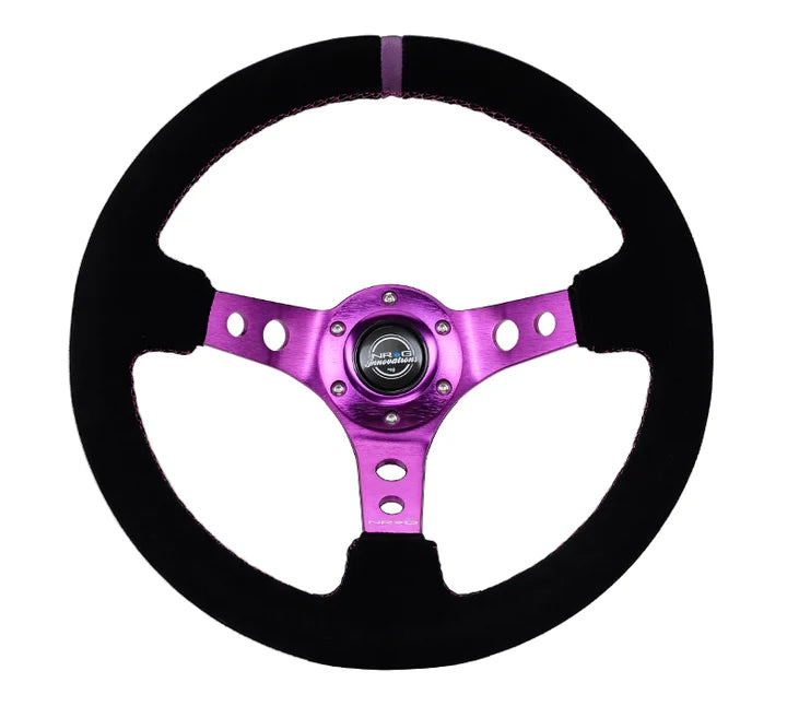 NRG Deep Dish 350MM Reinforced Black Suede Purple Center 3 Spoke Steering Wheel