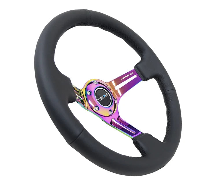 NRG 350MM Reinforced Black Leather NeoChrome Center Steering Wheel Kit Universal
