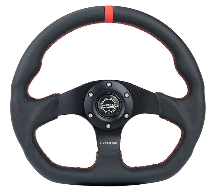 NRG 320MM Reinforced Black Leather Red Flat Bottom Steering Wheel Kit Universal