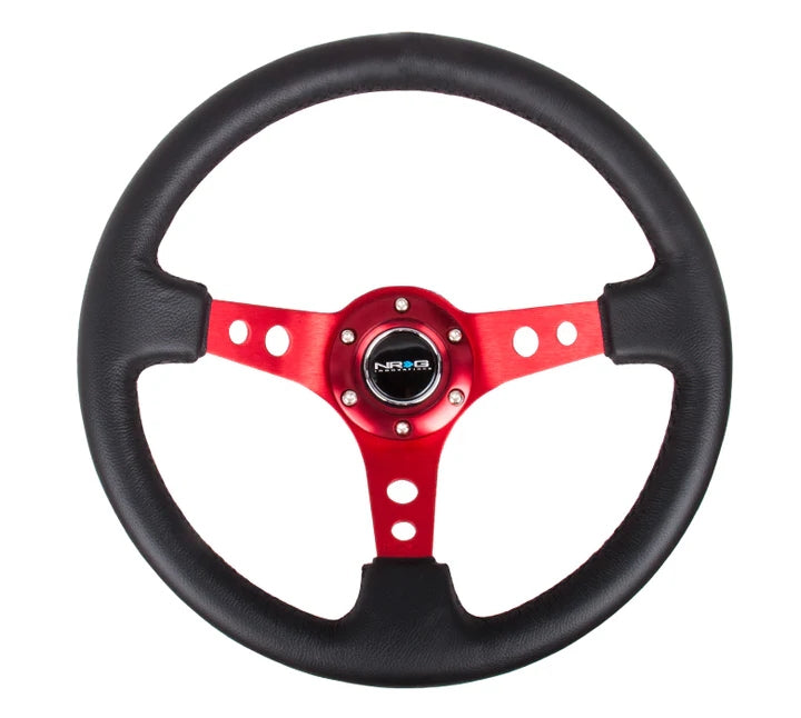 NRG Deep Dish 350MM Reinforced Black Leather Red Center 3 Spoke Steering Wheel