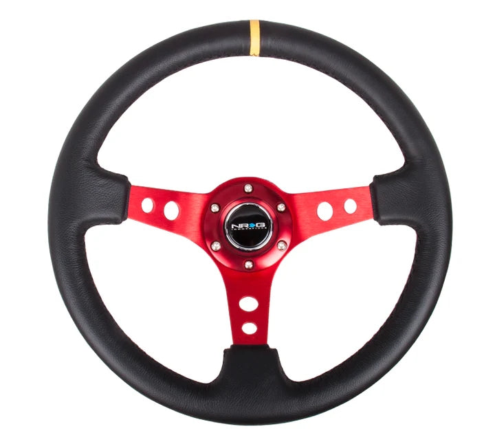 NRG Deep Dish 350MM Reinforced Black Yellow Leather Red Center Steering Wheel